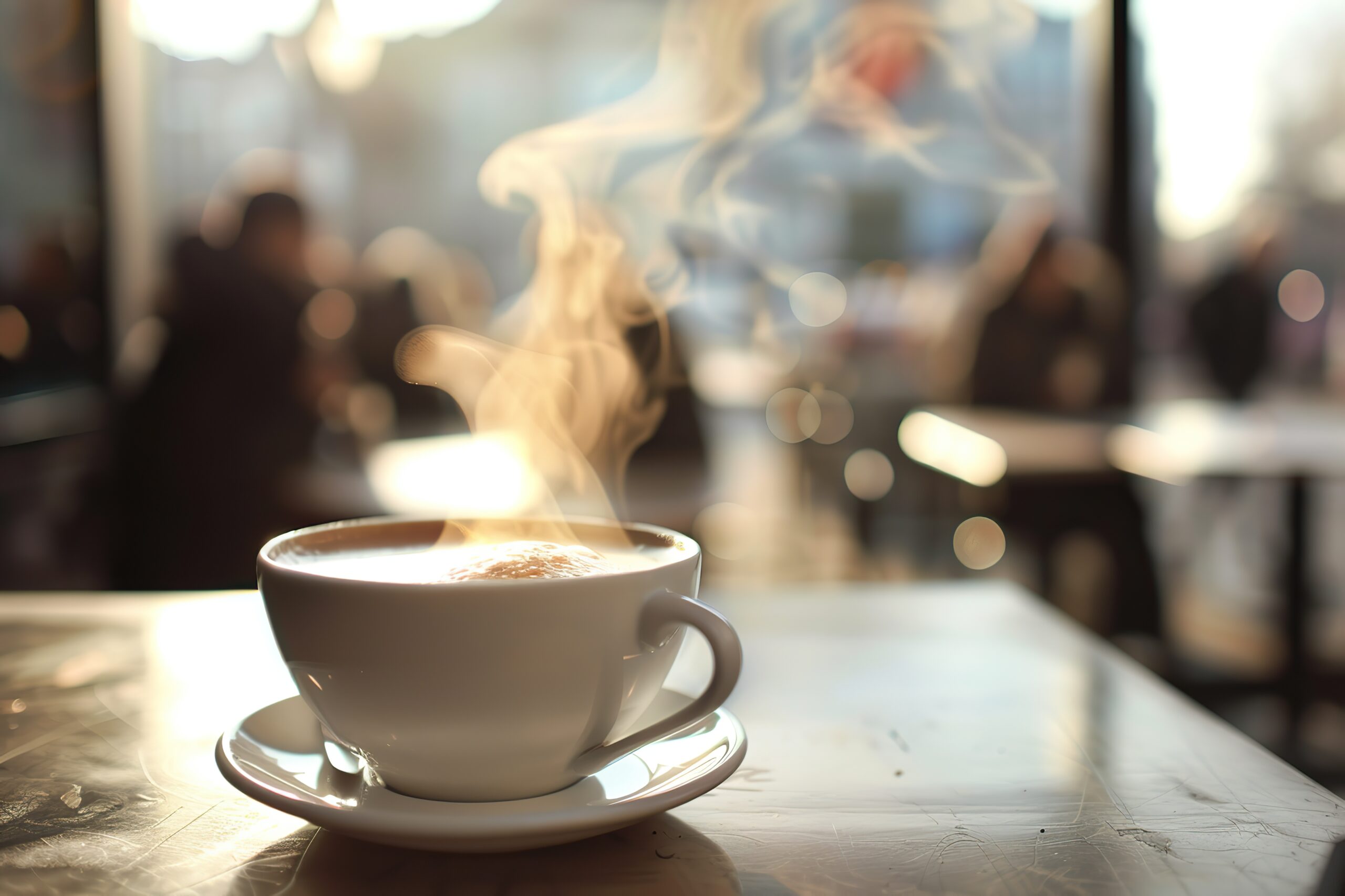 White steaming cup of coffee on table in cafe with people in cafeteria blurred background. Freshly brewed hot latte, cappuccino cup with saucer. Breakfast beverage morning concept. Restaurant drink