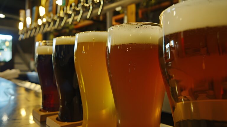 Four different beers in glasses on a bar counter.