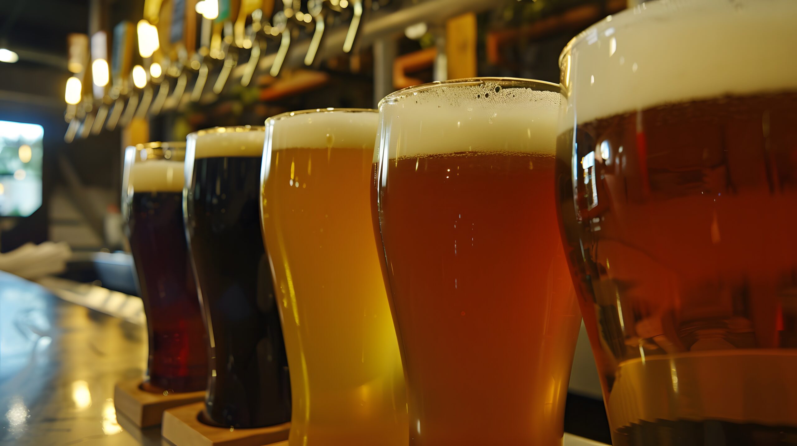 Four different beers in glasses on a bar counter.
