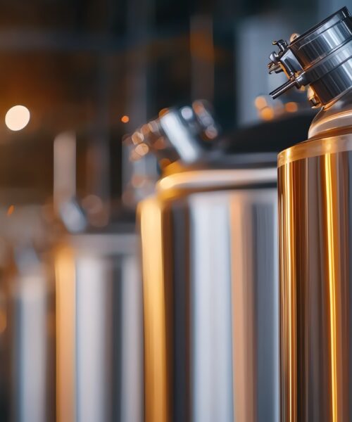 Close up of shiny stainless steel tanks in a modern industrial brewery with warm lighting and blurred backgrounds.
