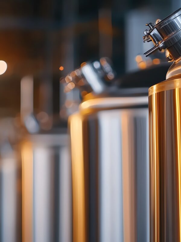 Close up of shiny stainless steel tanks in a modern industrial brewery with warm lighting and blurred backgrounds.