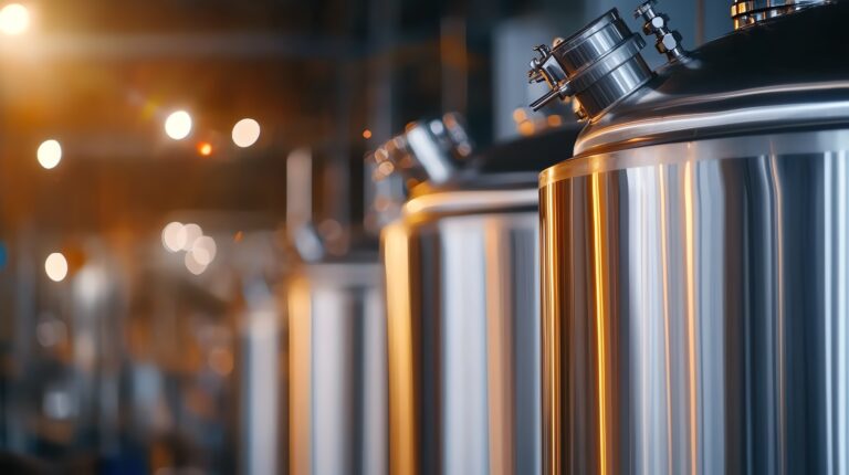 Close up of shiny stainless steel tanks in a modern industrial brewery with warm lighting and blurred backgrounds.